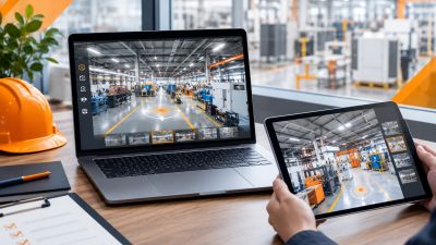 Remote factory audit scene, laptop and tablet showing 360 panoramic factory tour on desk, hard hat and inspection checklist, office overlooking factory floor 16-9
